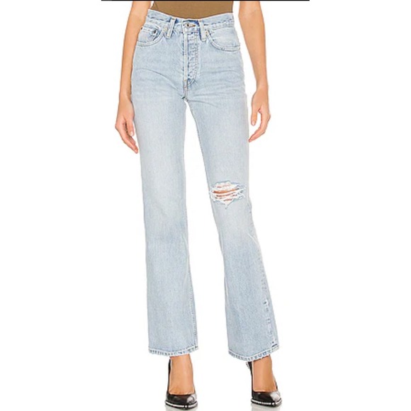 Re/Done Denim - RE/DONE Originals High Rise Straight Leg Jeans Light Wash Distressed Blue Sz 27